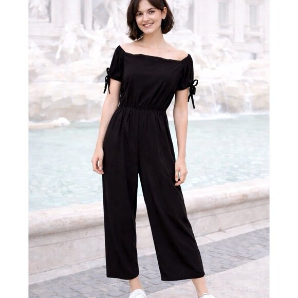 Doe & Rae Pants - Doe & Rae Women’s Black Flowy Tie-Sleeve Bardot Jumpsuit Small Coquette Peasant